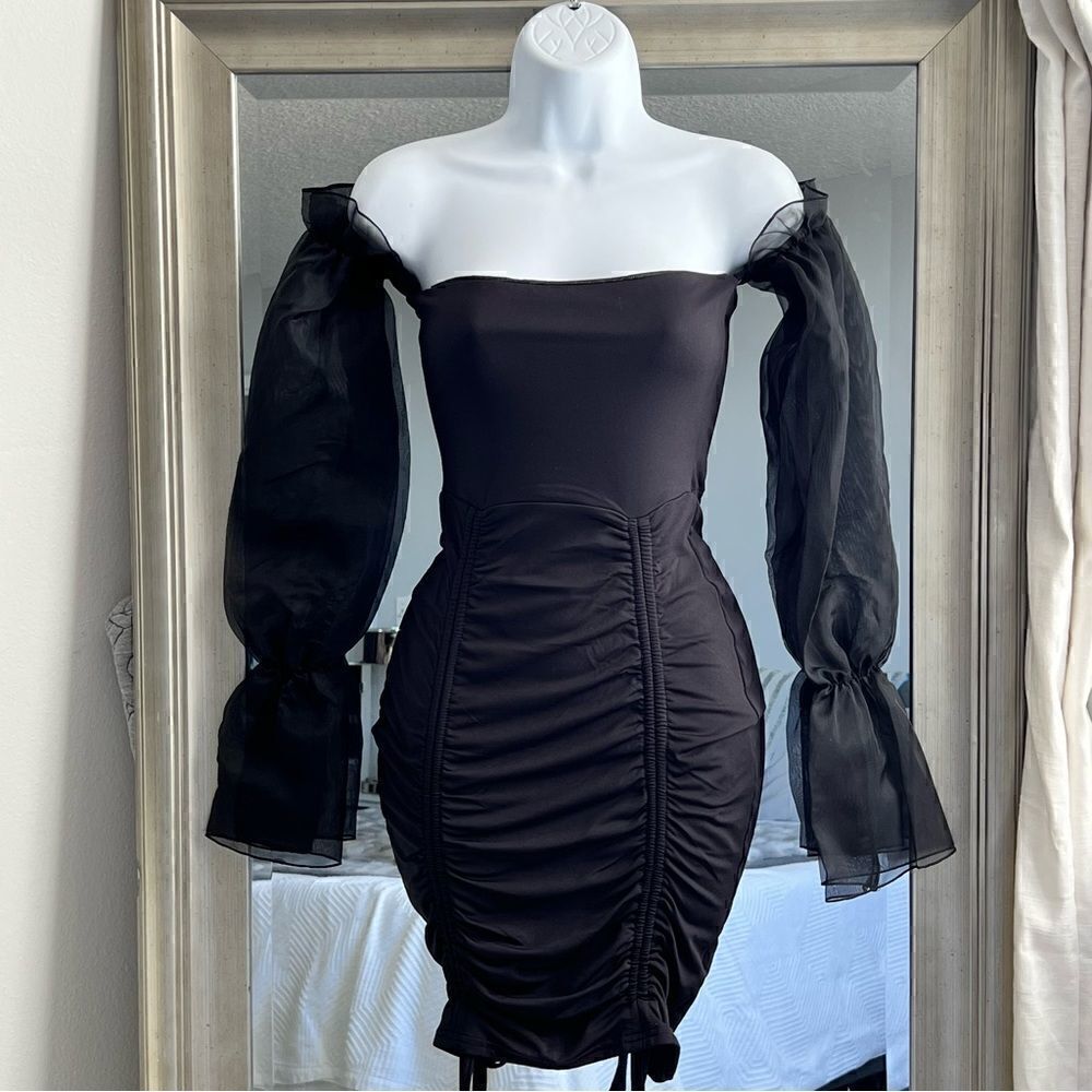 SHEIN Sheer Mesh Bell Sleeve Ruched Drawstring Knot Bodycon Mini Dress Size 4
